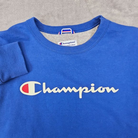 Champion Sweatshirt Men's Large Blue Chest Spellout Logo‎ Pullover Sweater - Picture 3 of 8